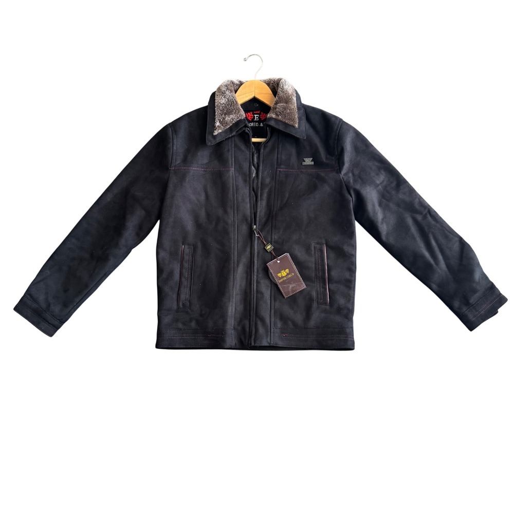 Emporio & Co Mens Black Suede Bomber Jacket Removable Fur Collar Quilted‎ Lining